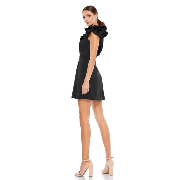 Mac Duggal Womens Ieena One Shoulder Ruffle Black A-line Mini Dress 2 - Picture 2 of 10